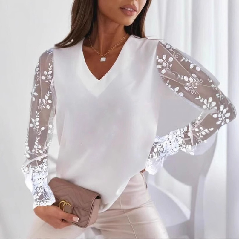 in stock 2025 Amazon AliExpress Independent Station Spring and Summer New Elegant V-neck Lace Stitching Long Sleeve Top