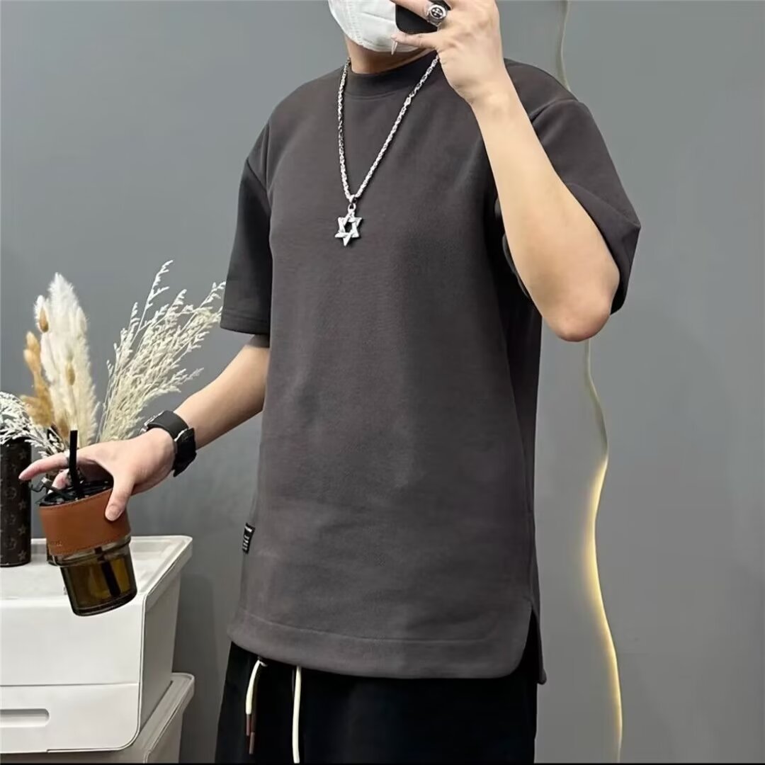 Men's Clothing Hidden pocket heavy waffle men's short sleeved round neck summer solid color loose large size T shirt cool and breathable_voghion.com