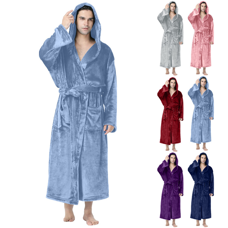 2022 cross-border Men's hooded bathrobe, soft plush spa robe with two front pockets, luxury pajamas