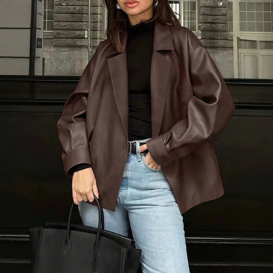 Plus-Size Women's Early Autumn Loose Pu Leather Jacket with Lapel Collar, Dark Brown Drop Shoulder, Single Button, Long Sleeve, Faux Leather Casual Jacket
