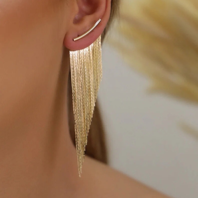 Morning Moon Cross-Border Earrings: Exaggerated, Luxurious, Gold-Colored, Grand, Irregular, Eye-Catching, Beveled Long Tassel Earrings, Popular in Europe and America Morning Moon Cross-Border Earrings: Exaggerated, Luxurious, Gold-Colored, Grand, Irregular, Eye-Catching, Beveled Long Tassel Earrings, Popular in Europe and America