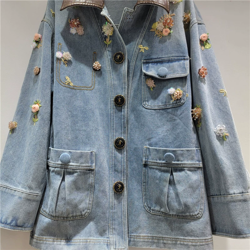 Design polyurethane fashionable denim long-sleeve, jacket, flowered, oversize