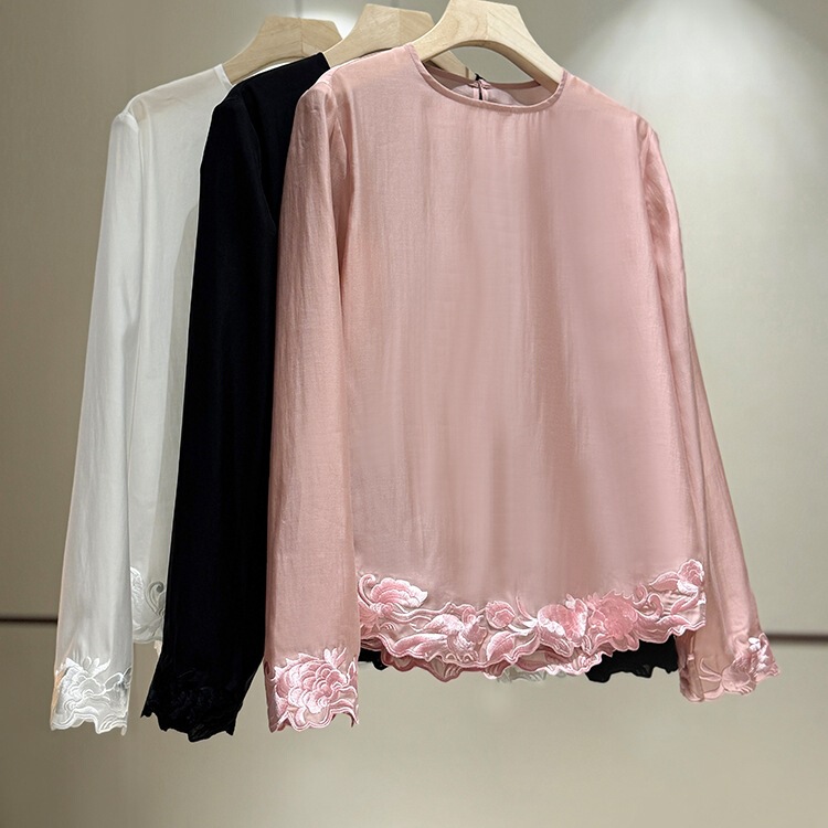 Solid Color Round Neck Chinese Style Top Women's Long Sleeve 2025 Spring and Summer New Lace Embroider with Vest and Shirt