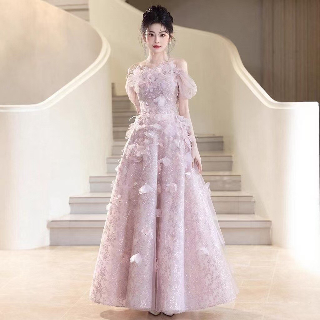 Đầm dạ hội maxi nữ thắt eo kiểu lông vũ cao cấp — Hồng YJN-2536 chi tiết 2