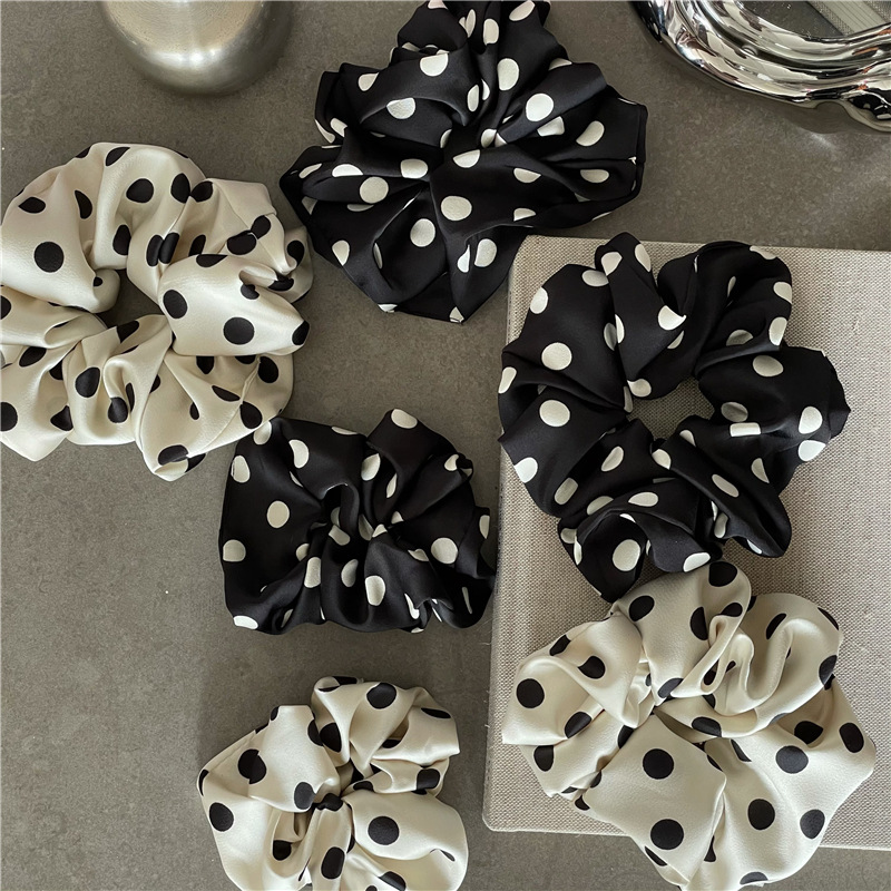 Elegant Black And White Polka Dot Satin Scrunchie For Hair_voghion.com