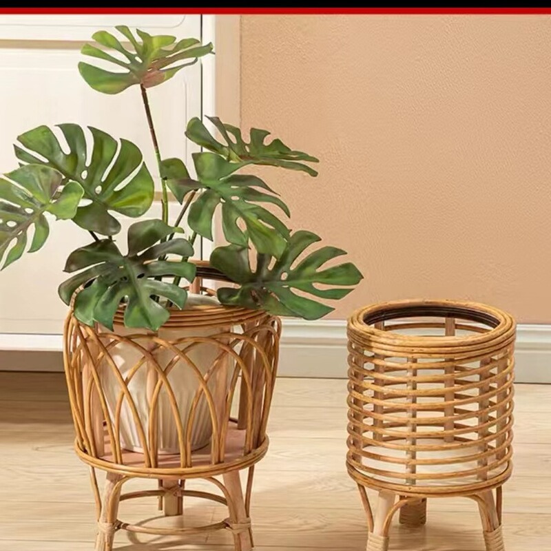 Green Plant Flower Pot Ins Scandinavian Rattan Straw Wooden Floor-Standing Indoor Living Room Balcony Decoration Green Plant Flower Pot