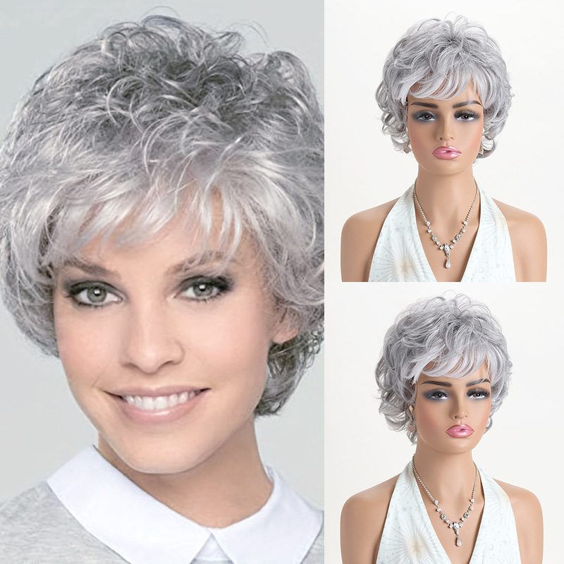 European and American Wigs, New Cross-Border Style for Women, Silver-Gray Short Synthetic Hair Wig with Side Bangs, Short Curly Hair, in Stock European and American Wigs, New Cross-Border Style for Women, Silver-Gray Short Synthetic Hair Wig with Side Bangs, Short Curly Hair, in Stock