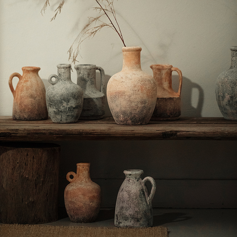 Retro Stoneware Vase with Handle Pottery Pot Medieval Wabi-Sabi Style B&B Hotel Zen Home Flower Ware Ceramic