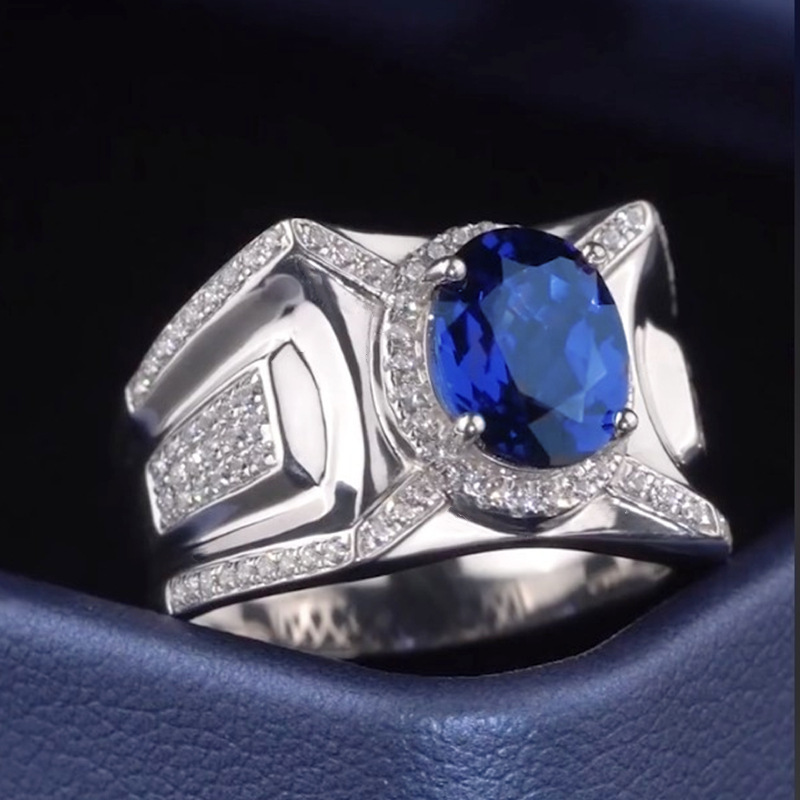 Egg face full diamond blue zircon high carbon diamond ring low-key luxury sapphire diamond ring imitation blue crystal ring
