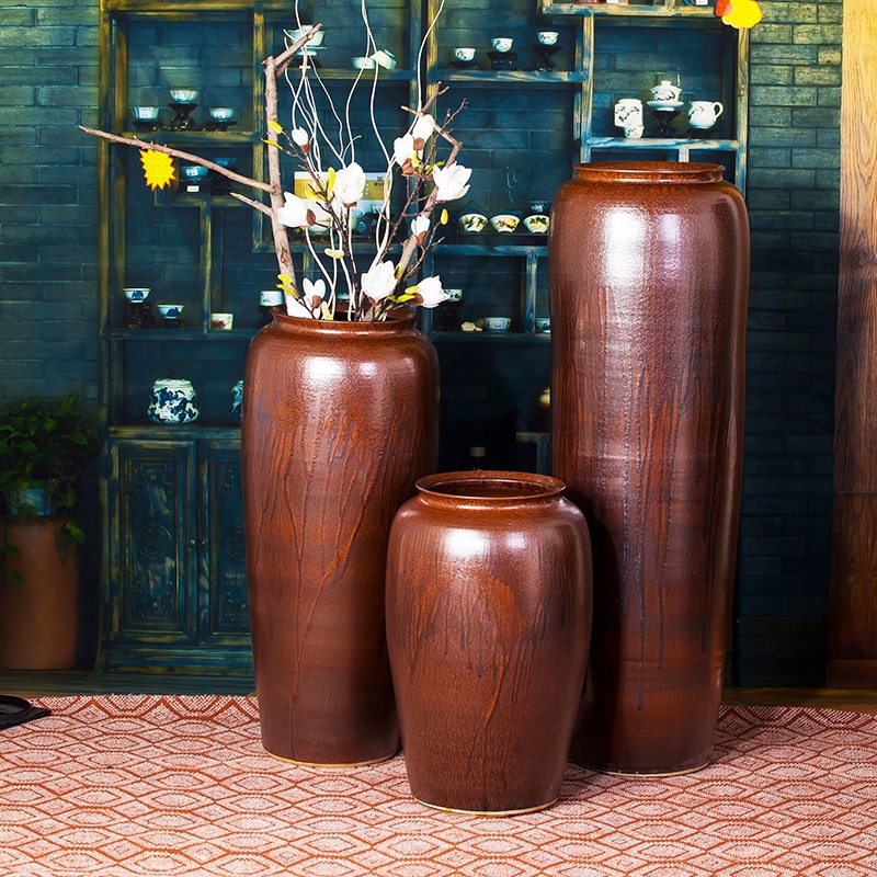 Jingdezhen arreglos florales retro hacer viejos vasos de cerámica de piso restaurante de oficina artesanía decoración de vasos de tres piezas
