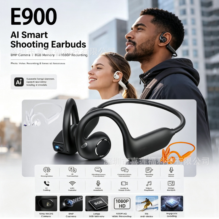 26 New Model E900 Bone Conduction Headphones for Sports and Cycling with AI Image Recognition, 8-Megapixel Smart Camera, Bluetooth Headphones