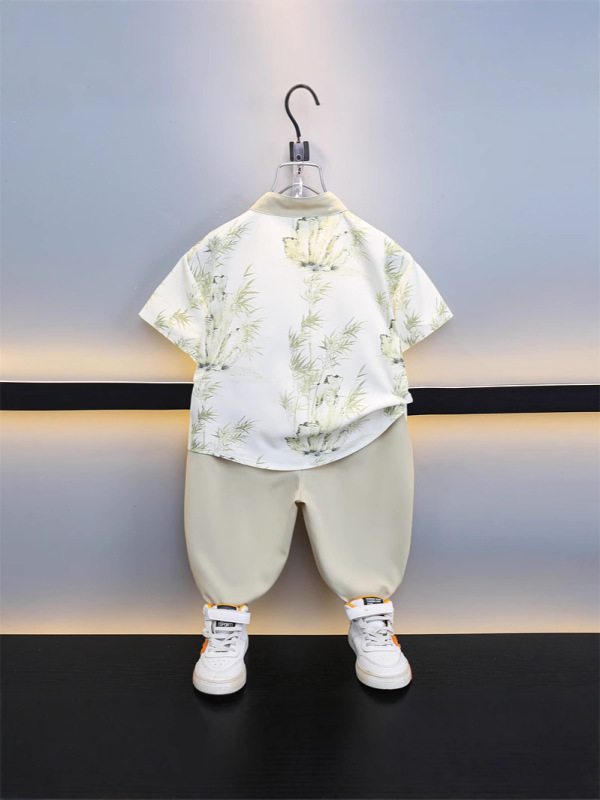 男の子韓服夏半袖スーツ 2025 新しい子供服中国風シャツボタン唐スーツツーピーストレンディセット|undefined