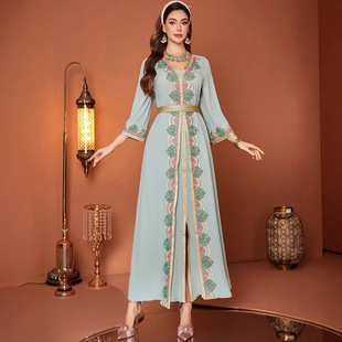 Zf4066 New Bean Green Fake Two-Piece Spliced ​​Lace Embroider V-Neck Dress