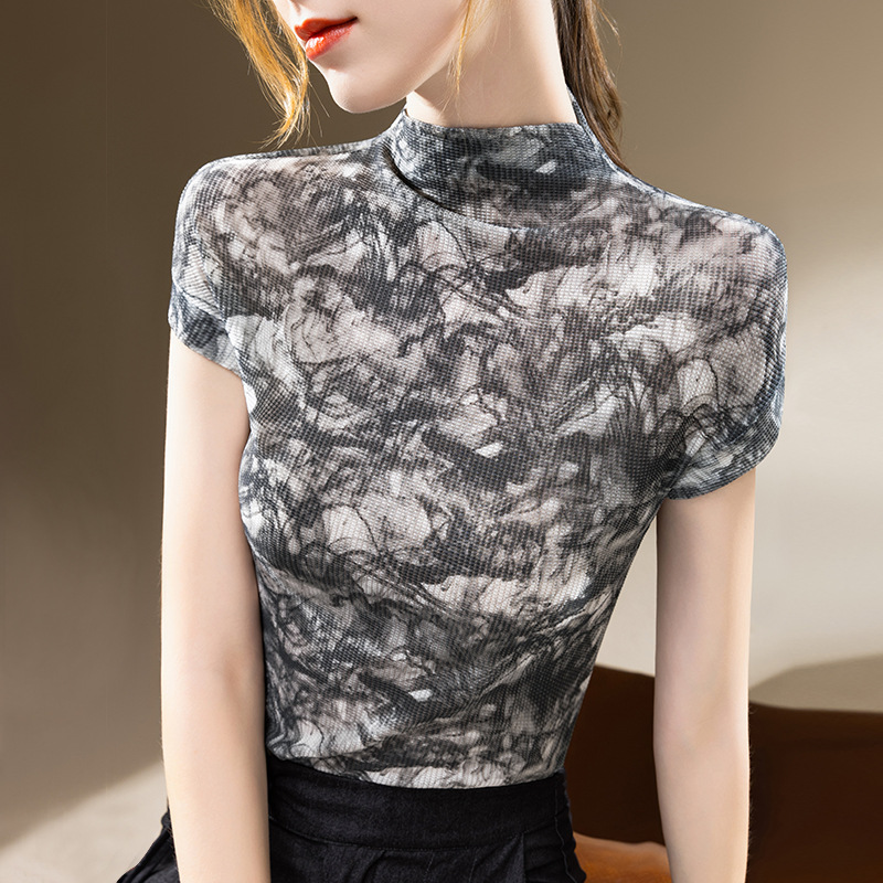 La Mitad de cuello alto de las mujeres que basa la camisa 2023 nueva ropa de mujer estilo occidental impreso malla Europea pequeña camisa interior de manga corta superior