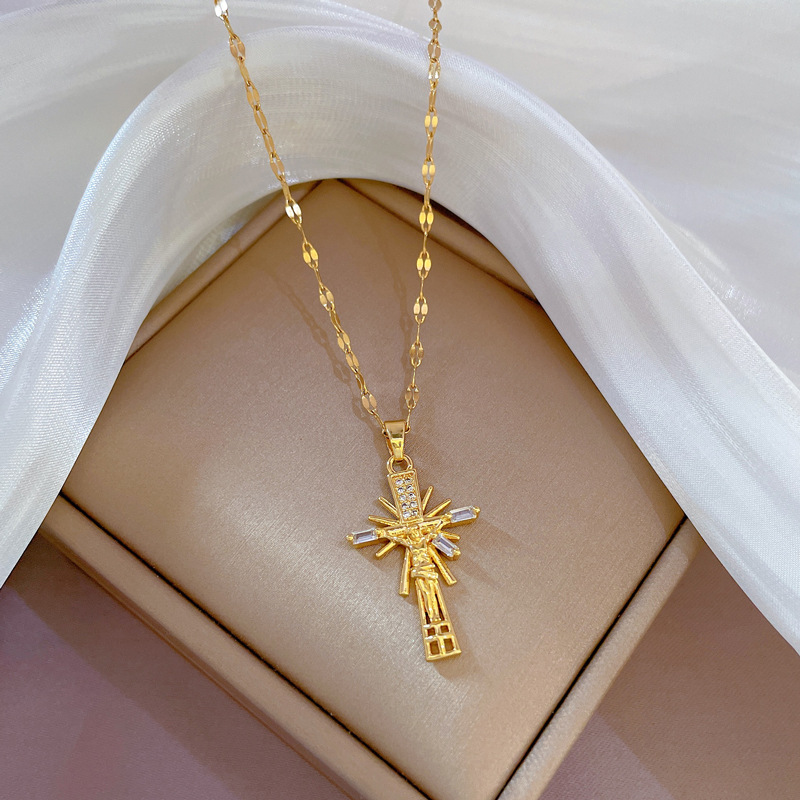 Collana con croce e ritratto da donna in acciaio inossidabile_voghion.com
