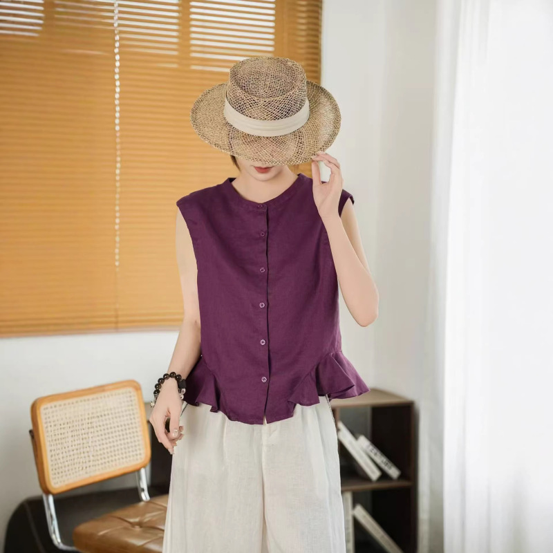 Produced by Nami, Lively and Playful~ Breathable All-Linen/Lace-Hemmed Shirt, Slimming Single-Breasted Vest