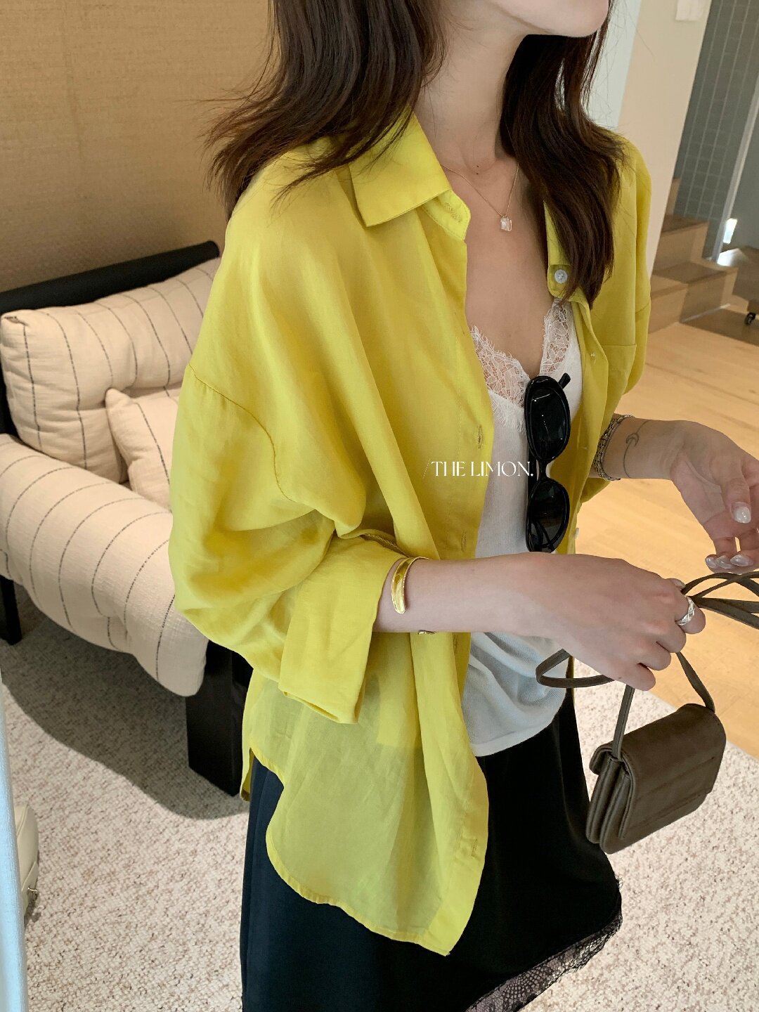 Áo sơ mi nữ tay dài chất liệu tencel phong cách lười biếng ấm áp — Vàng nhạt, xanh lam, Xanh lá cây nhạtcolor, màu hồng chi tiết 97