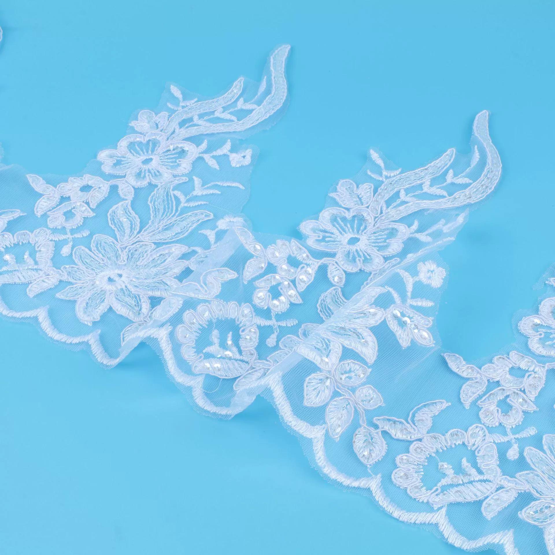 Lace sequin trim applique, bridal accessory, 26 см width, bleached/crystal or white transparent