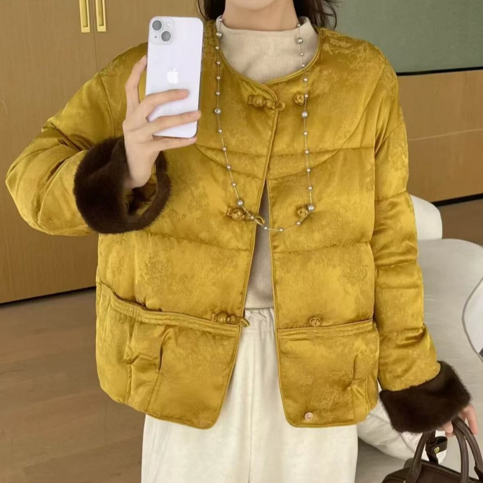 欧洲站国风提花毛毛袖羽绒服外套9232