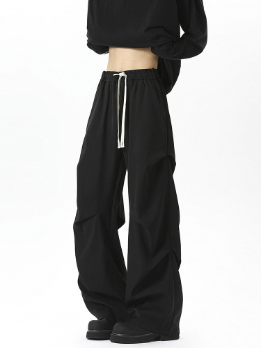 2025 Black Pleated Straight-Leg Wide Leg Men's Medium Waist Relaxed Tight Waist Pants American Streetwear Scissor Hem Pants
