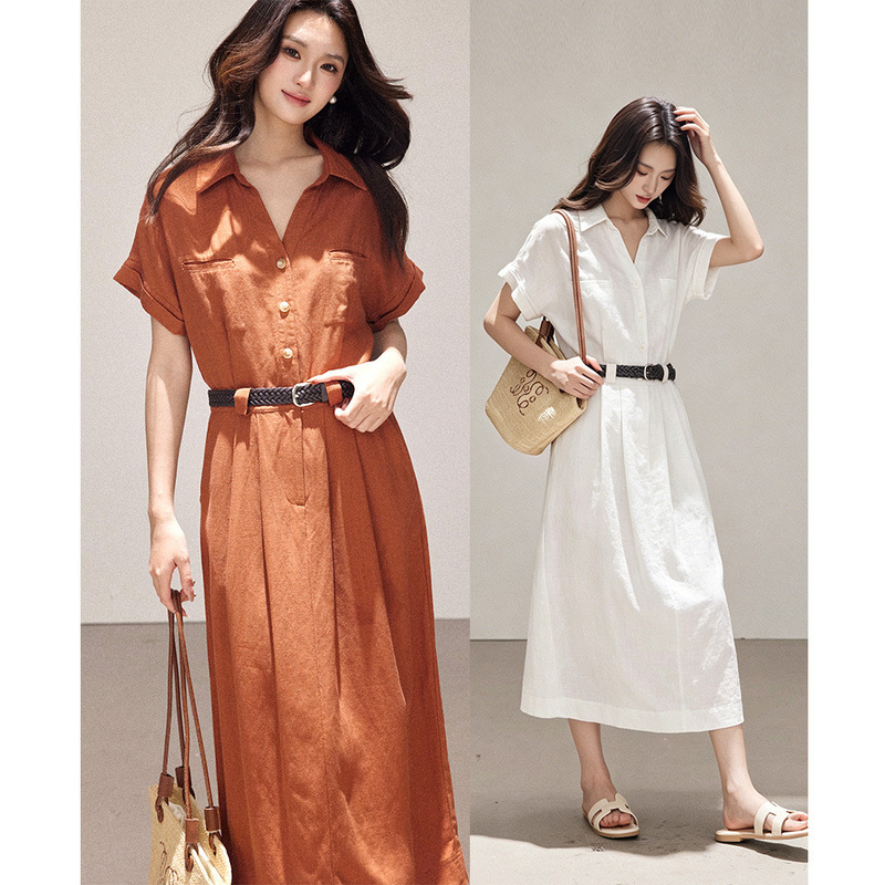 【Shengdu】26 Summer New French Minimalist Style Lyocell Linen Hemp Workwear Lapel Slimming Shirt Dress