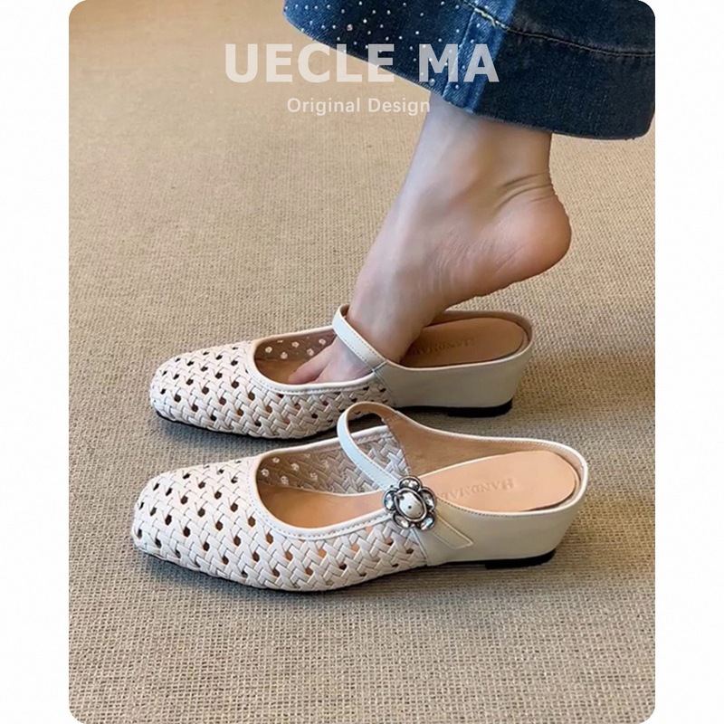 Sheepskin ~ Baotou Half Slippers for Women to Wear Outside and Increase the Height of Birkenstock Sandals, One-Leg Woven Cut Out Mules