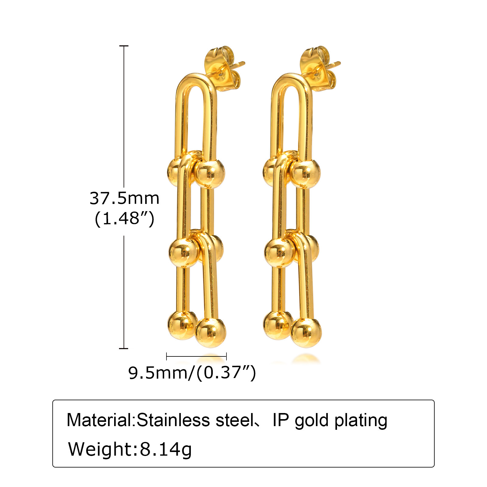 12g Weight 0.03µm-0.05µm Gold Plating Thickness PVD Coated Real Gold Plated 18K Gold U Shape 201 Stainless Steel Fashion Waterproof Non Tarnish Drop Earrings