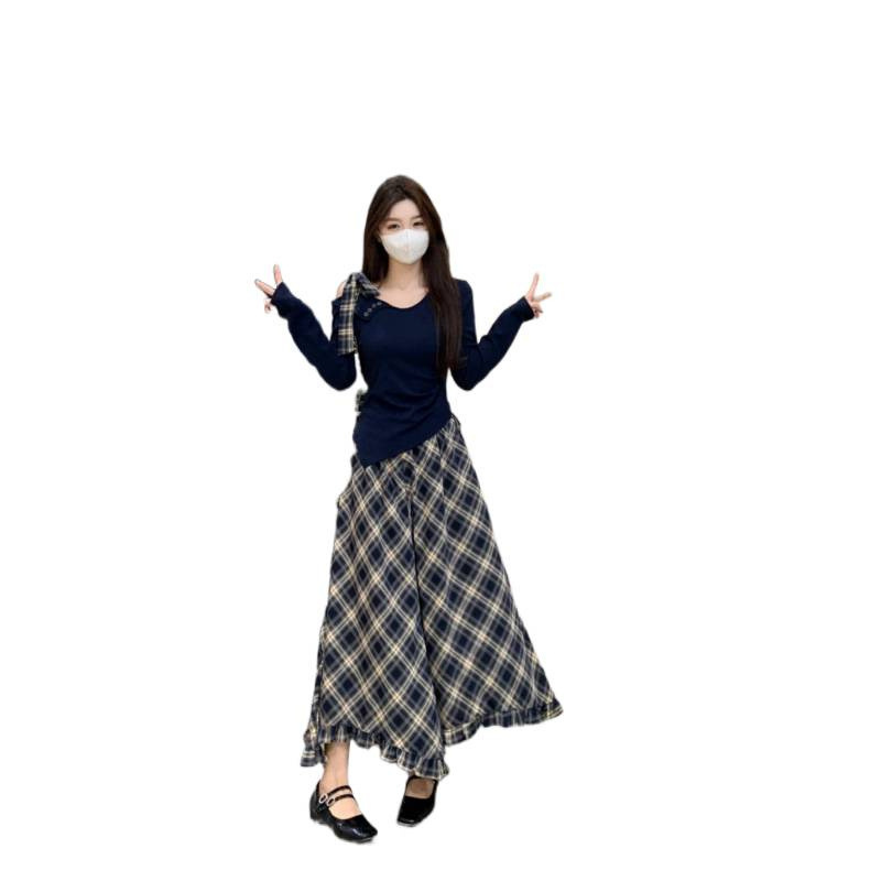 大码女装早秋新款不规则斜肩长袖上衣格纹半身裙女套装|undefined