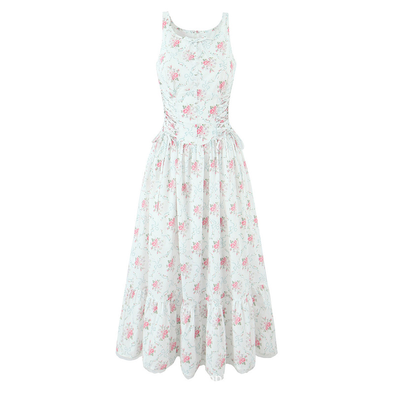 House Same Style French Romantic Pastoral Style Cream Rose Print Bow Strap Waist Dress Summer