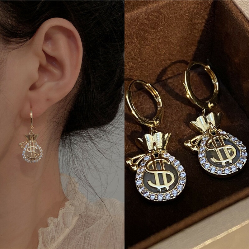 New Entry Light Luxury Fortune Bag Earrings Internet Celebrity Hot Selling High Sense Money Bag Earrings Exquisite Personality Full Diamond Earrings Wholesale