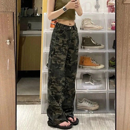 Green Military Camouflage Women's Summer Instagram Streetwear Loose Korean Version Slimming Tie-Dye Straight Leg Wide Pants