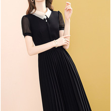 黑色泡泡袖雪紡連衣裙中長款女2021年新款夏時尚百褶裙一件代發潮