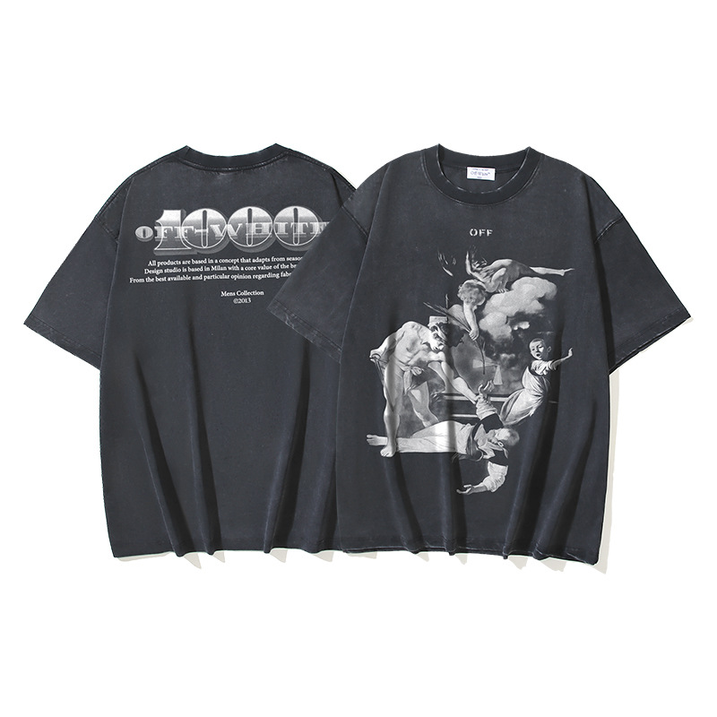 Verano nuevo OFF-WHITE lavado y desgastado doble hilo pesado ángel rojo anciano religioso estampado camiseta de manga corta hombre