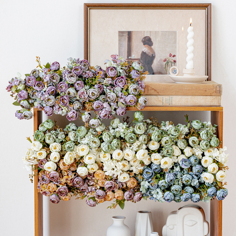 復古烤邊鑽石玫仿真花玫瑰花花束假花人造花裝飾花客廳家居塑料花