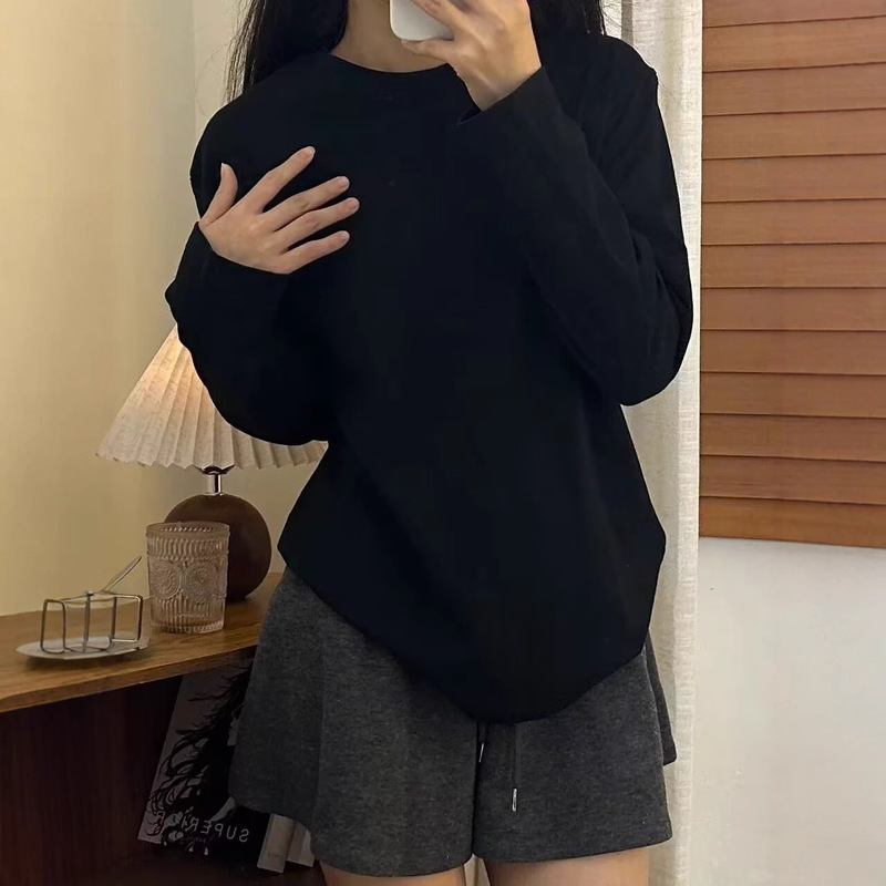 正肩纯棉长袖T恤女春秋内搭纯色打底衫宽松百搭上衣简约休闲体恤|undefined