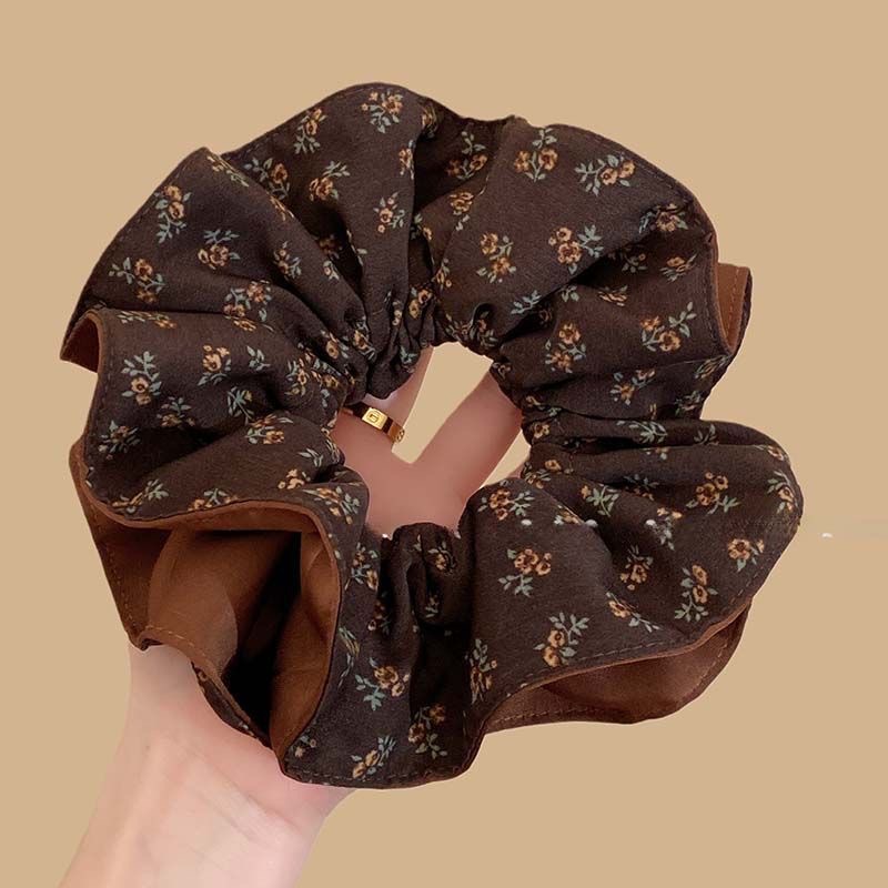 30# floral print brown double-layer scrunchie, approximately 15cm