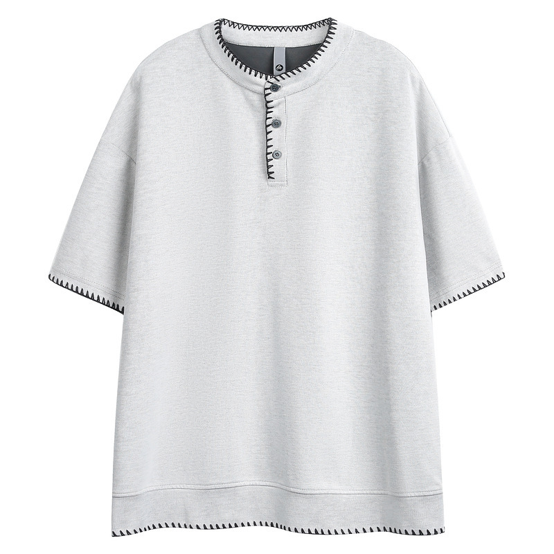 Hand-Stitched Shell Thread Henry Collar Unisex American Style Short-Sleeve T-Shirt for Men, Trendy Brand Summer Design Half-Sleeve Top Hand-Stitched Shell Thread Henry Collar Unisex American Style Short-Sleeve T-Shirt for Men, Trendy Brand Summer Design Half-Sleeve Top