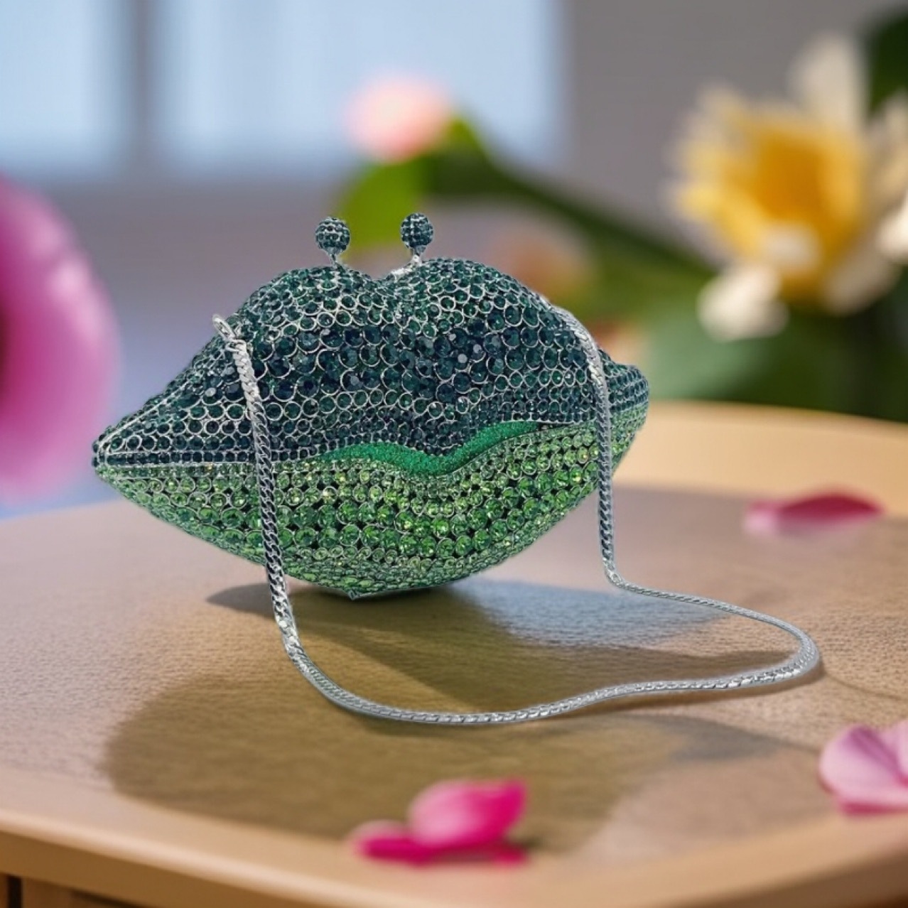 Túi clutch nữ đính đá dạ hội viền môi kim loại — màu đỏ đậm, Màu đỏ, Màu xanh lá, Màu xanh lam
