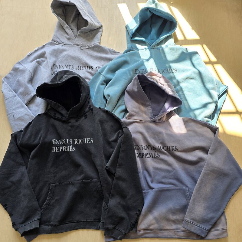 Erd Melancholic Rich Kid Washed Vintage Distressed Slogan Hoodie American Casual Loose Sweatshirt for Men and Women