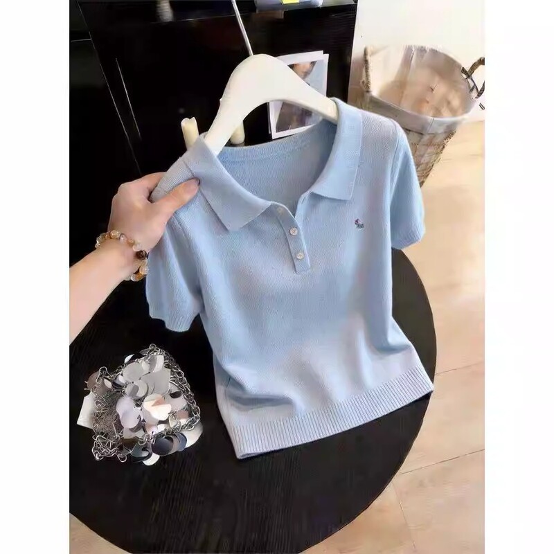 2026 Summer New Korean Style Sweet Light Blue Collared Short-Sleeve Knit Top for Women, Gentle and Soft T-Shirt Top 2026 Summer New Korean Style Sweet Light Blue Collared Short-Sleeve Knit Top for Women, Gentle and Soft T-Shirt Top