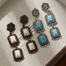 跨境热销花朵方形松石耳环高级感复古民族风耳坠女波西米亚风耳饰