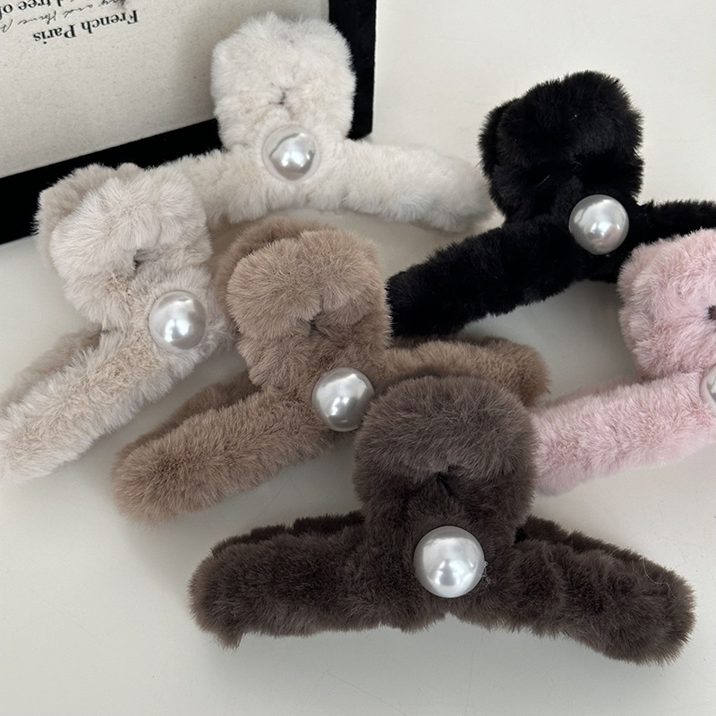 Herbst und Winter Plüsch Haarnadel Kopfschmuck weibliche Perle Haarspange Hinterkopf Haarspange große Haifisch-Clip Subnetz rot Hochsteckfrisur Haar Haarnadel_voghion.com