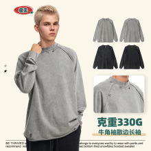 BE男装2025秋季美式高街圆领卫衣男潮牌宽松散边小众水洗破坏长袖