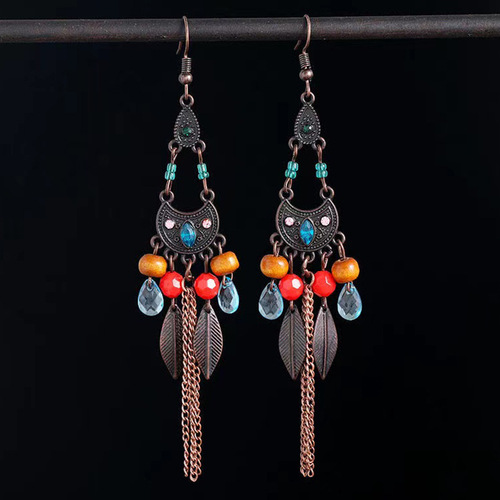 Retro personality leaf tassel ear hooks ethnic style face-showing thin chain earrings bohemian versatile earrings dropshipping