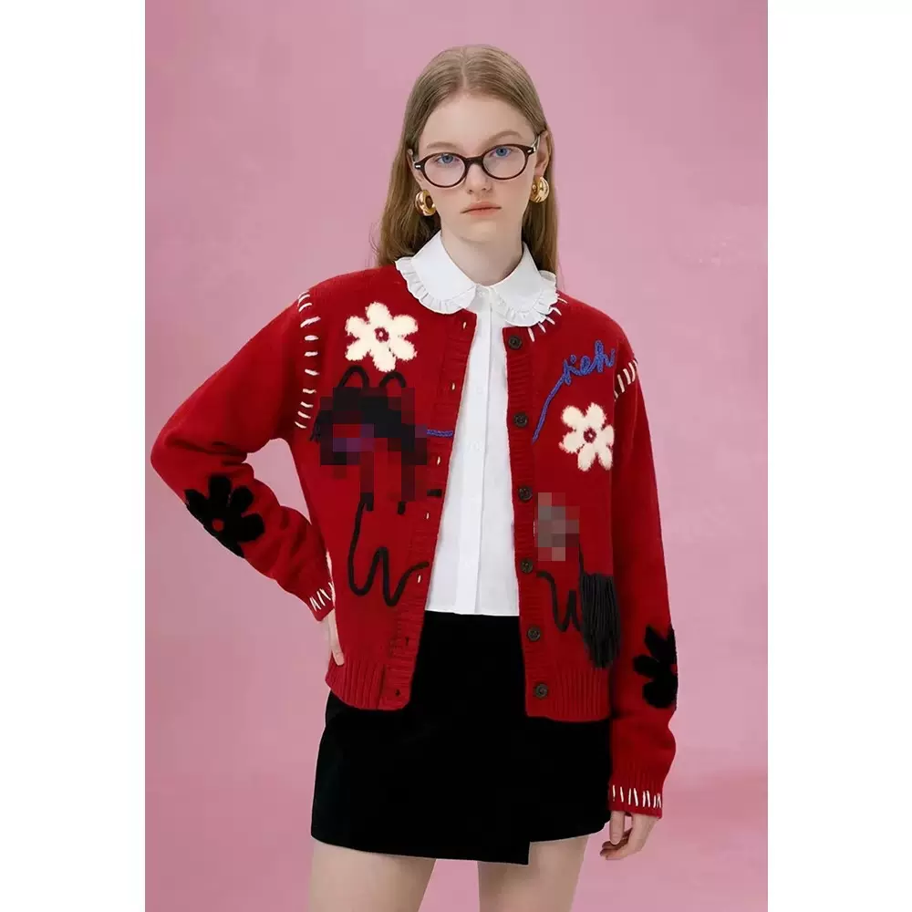 四媛 新年款马上有钱花朵提花针织开衫女本命年红色宽松毛衣9525