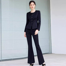 春秋时尚圆领西装套装修身显瘦复古气质黑色职业女裤正装工作服OL