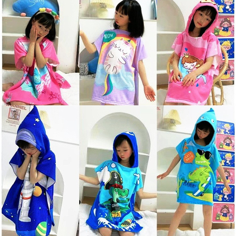 2022 new children's bath towel cloak summer beach towel cape student swimming towel cartoon wearable bath towel bathrobe