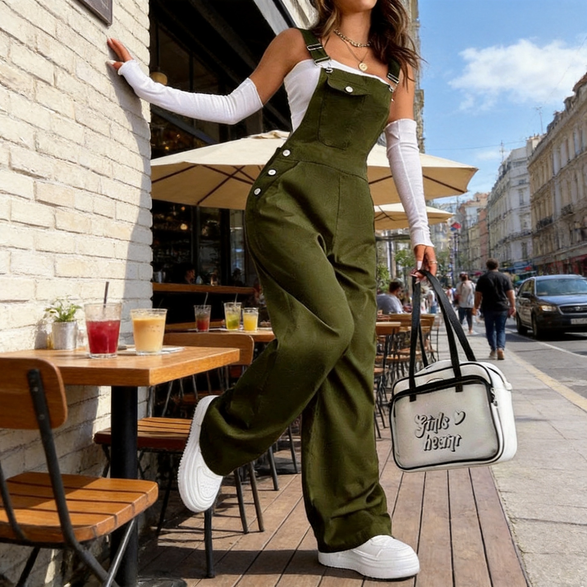 Cross-border women's clothing, European and American style, Y2K overalls, women's side-button high-waisted loose wide-leg jumpsuit, slimming and casual.