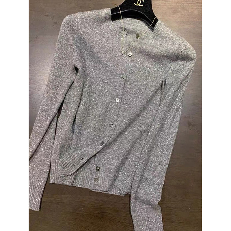 봄과 가을 밝은 실크 니트 가디건 여성용 느슨한 짧은 라운드 넥 최악의 울 에어컨 셔츠 얇은 스웨터 코트 탑