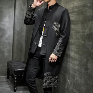 Spring and Autumn clothing men's trendy mid-length Hanfu embroidered trench coat Tang suit Chinese style fake two-piece retro casual coat
